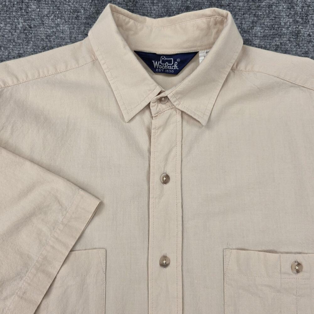 Woolrich Shirt Mens Medium Beige Woven Cotton Short Sleeve Button Up Dual Pocket